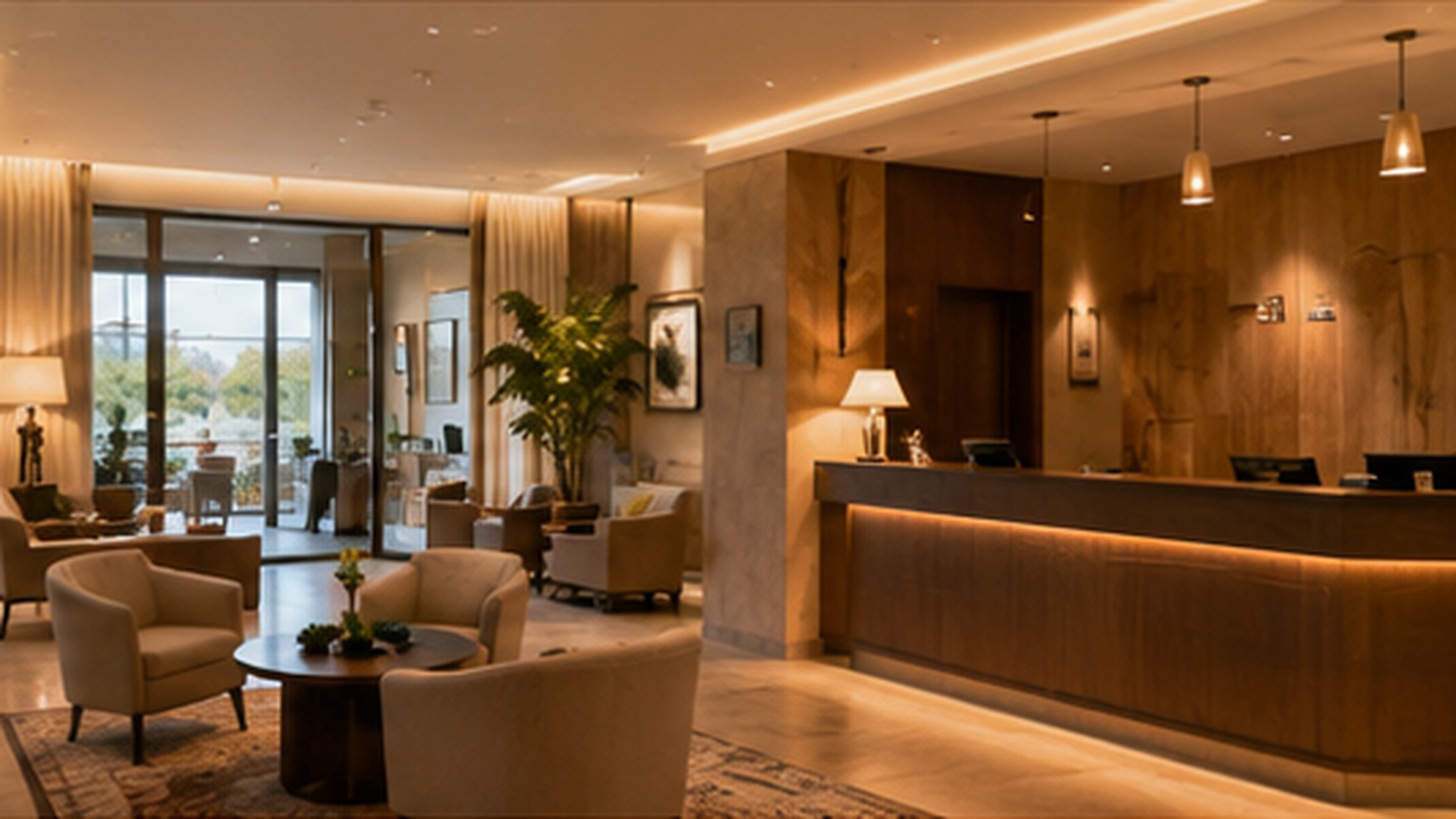 Hotellobby mit Rezeption am Abend