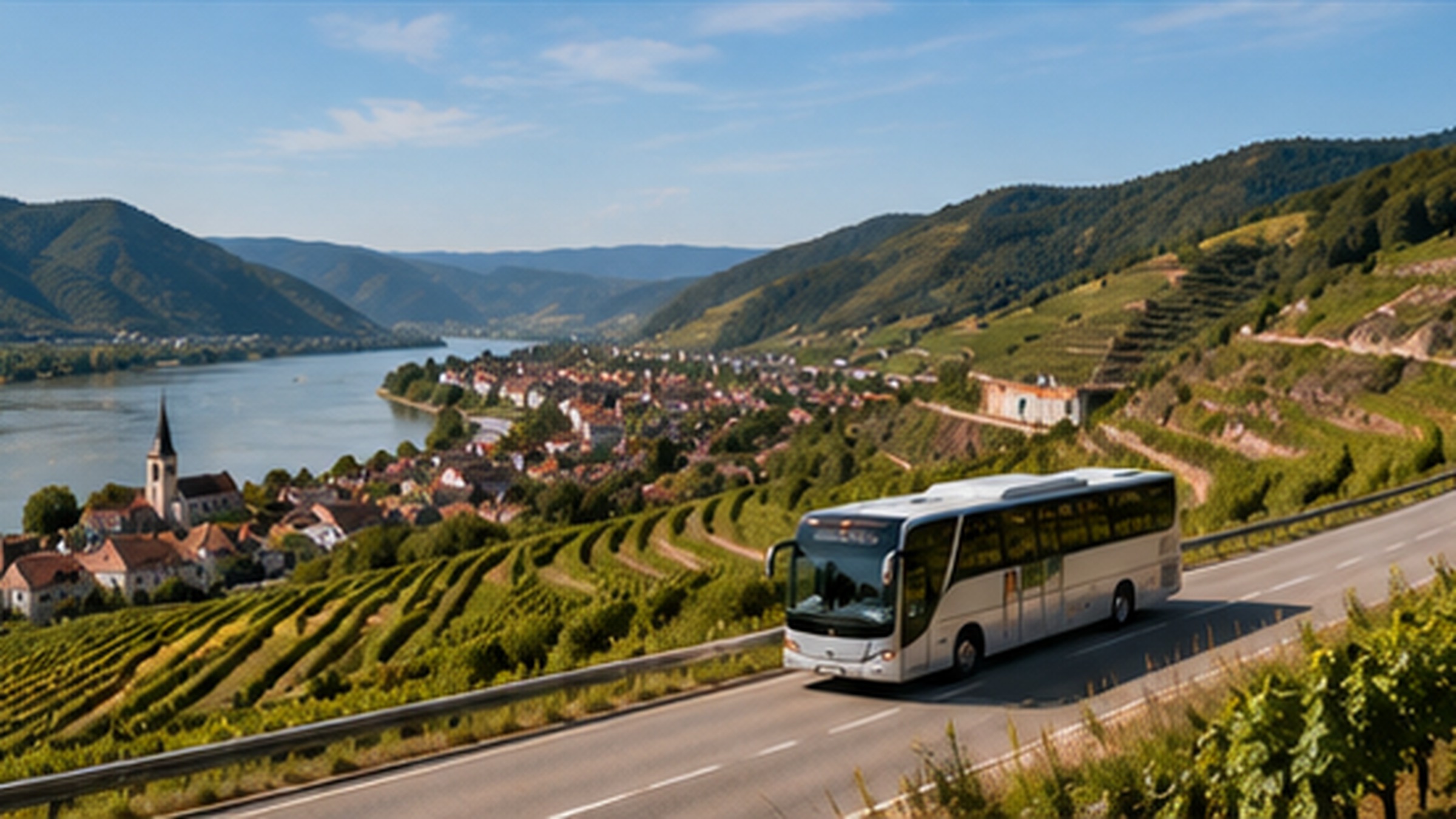 Reisebus über der Wachau mit Blick auf die Donau